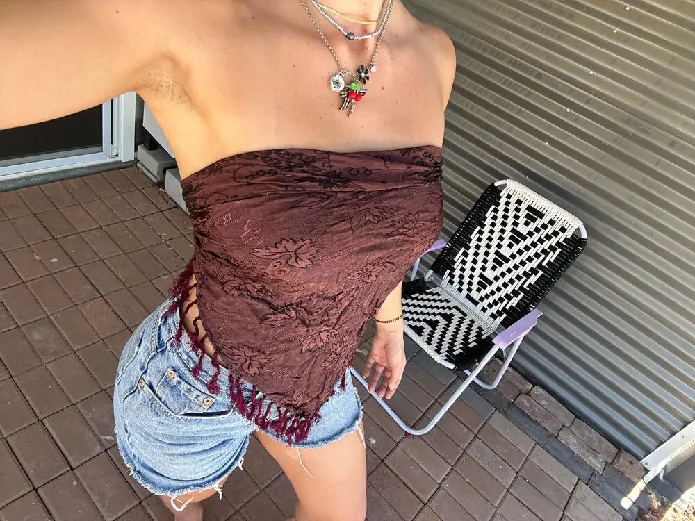 Women's Scarf Brown Metallic Rust Tassel Triangle Scarf Top Vintage Floral - Picture 1 of 2